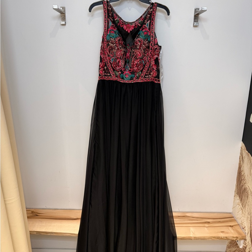 Ellie Wilde Black Dress with Red and Green Embroidery